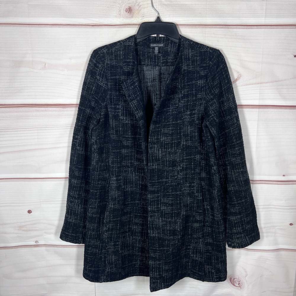 Eileen Fisher Jacket Womens Medium Black Open Front Textured Office Long Sleeve